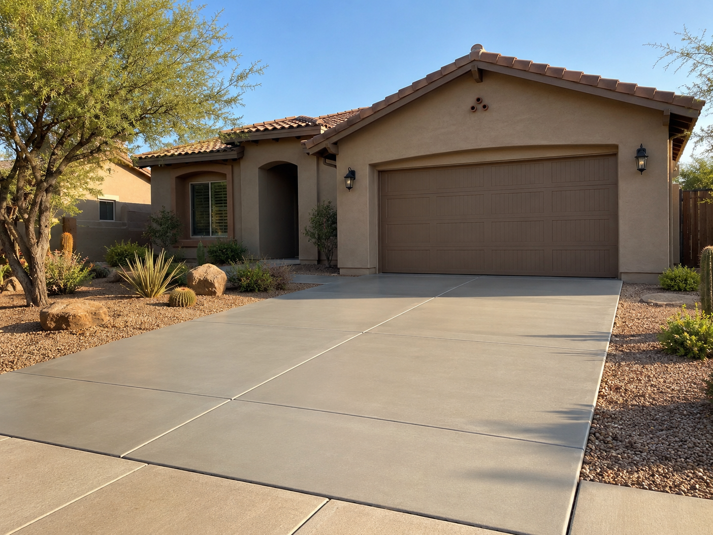 A modern single-story house with a concrete driveway, desert-style landscaping, and a two-car garage in a suburban neighborhood.