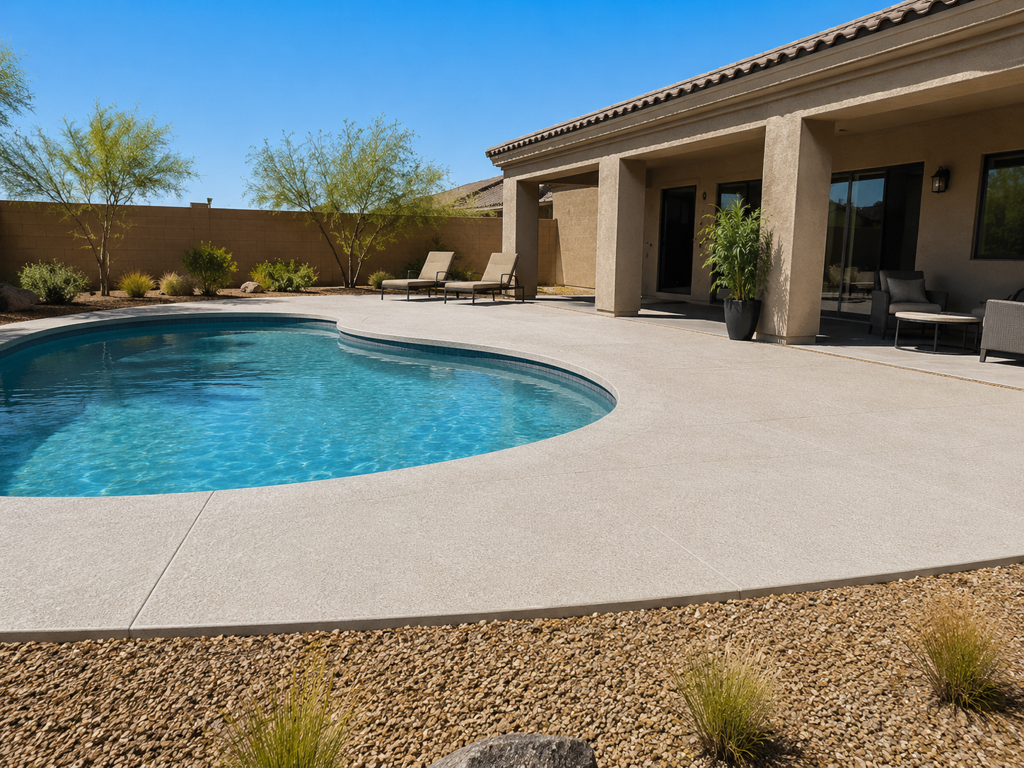 Residential backyard with a kidney-shaped swimming pool, patio area with lounge chairs, outdoor seating, and desert landscaping with trees and shrubs