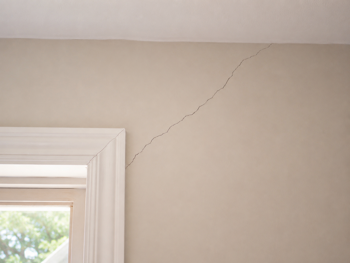 A corner of a room showing a cracked wall near the ceiling and window with white molding, with a view of trees outside.