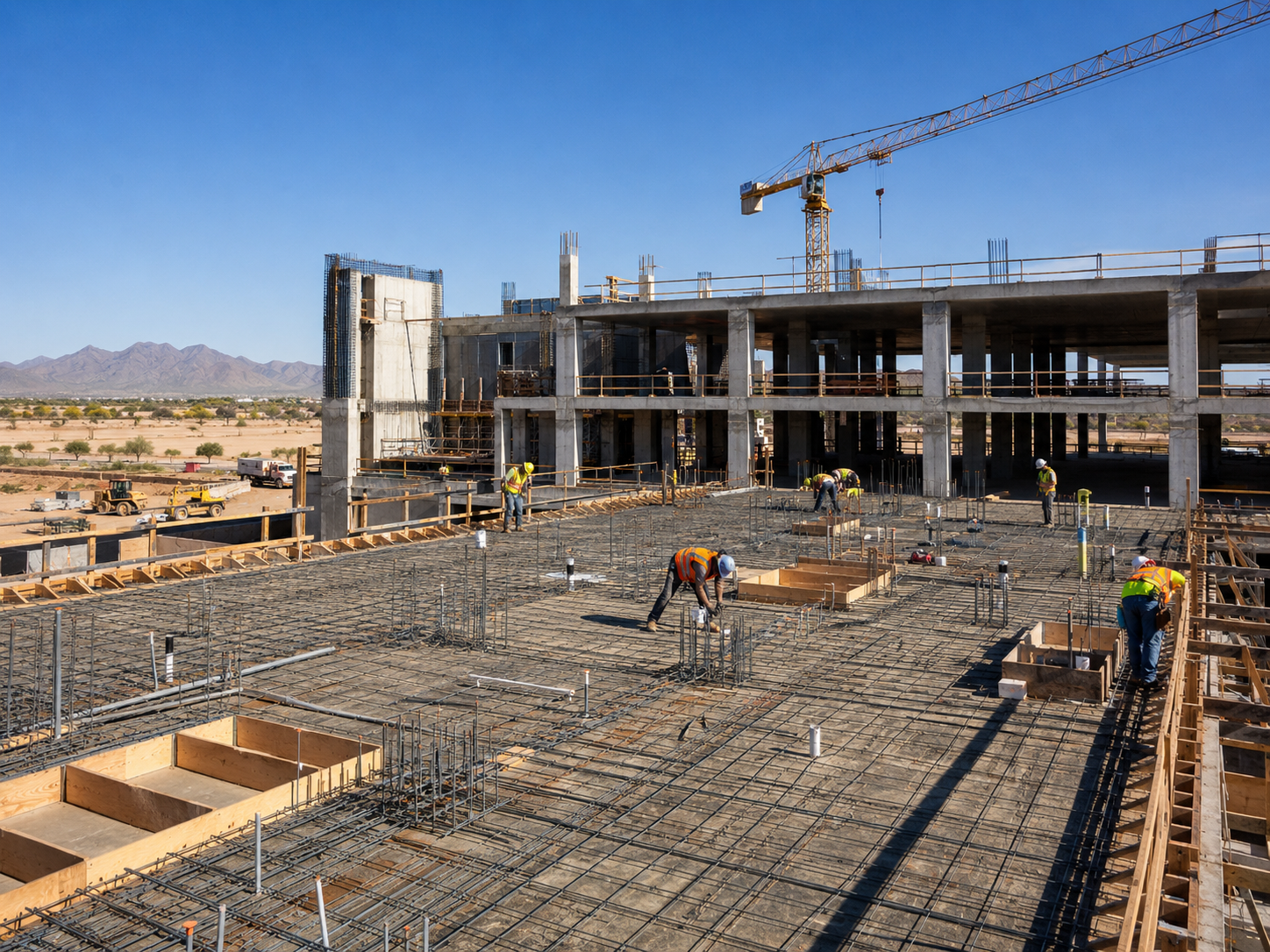 Construction workers in safety vests and helmets working on a building site, with a large crane in the background and a mountainous desert landscape in the distance.