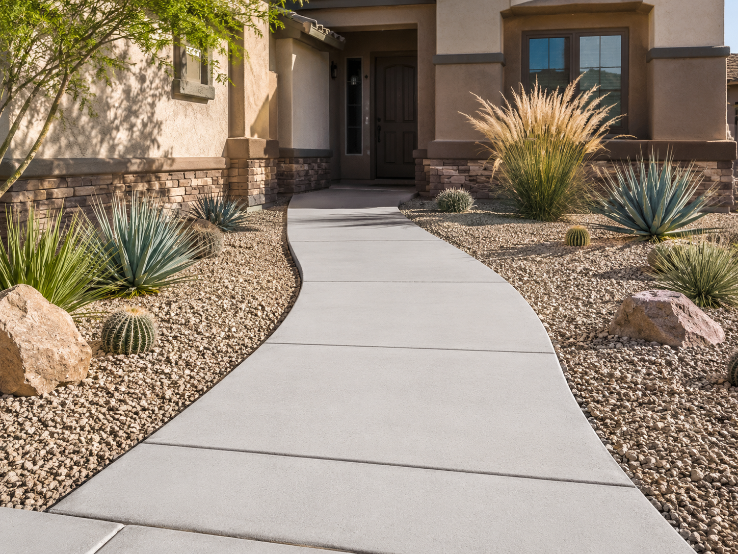 Curved concrete pathway leading to a front door, with desert landscaping including cacti and agave plants, and a beige stucco house with stone accents.
