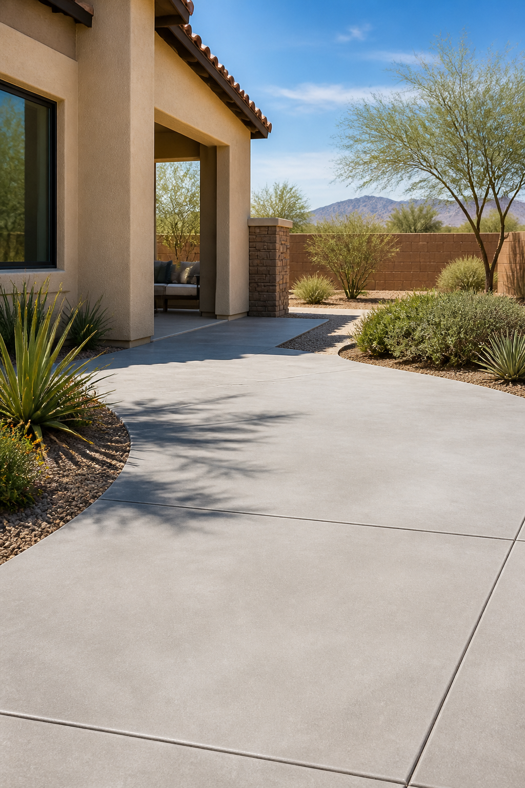 A concrete patio with desert landscaping, including various shrubs and a tree, in front of a house with beige stucco walls and a porch area with seating, set against a backdrop of mountains and a blue sky.