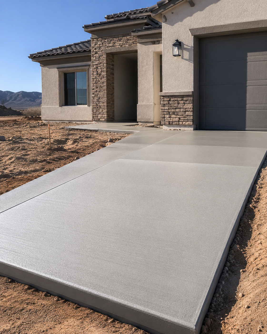 Newly constructed house with a concrete driveway leading to the garage, situated in a desert landscape with mountains in the background.