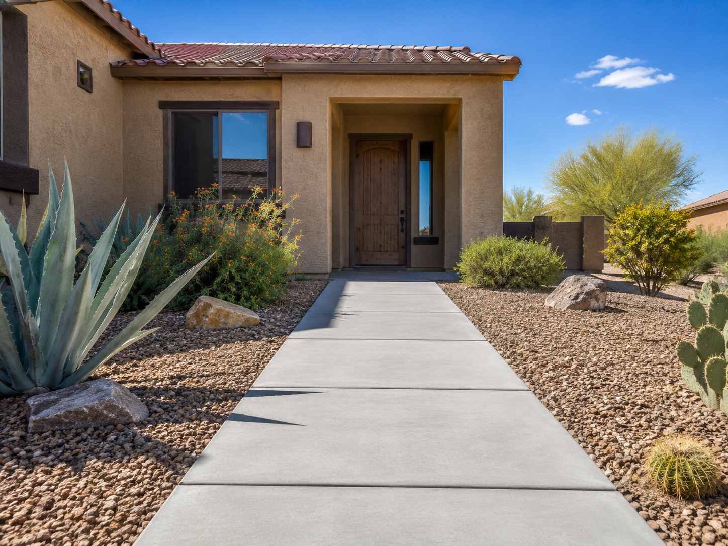 House entrance with a concrete pathway, desert landscaping, and a wooden door