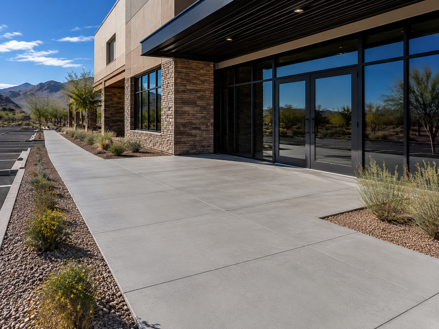 Empty sidewalk outside a modern commercial building with large glass windows and stone bricks, surrounded by desert landscaping and mountains in the background.