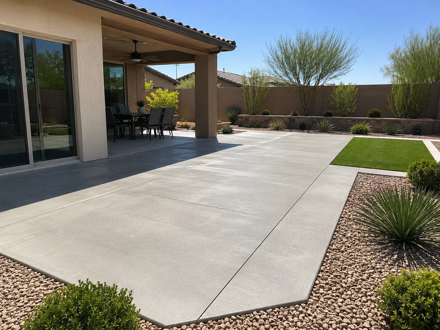 Backyard patio with concrete flooring, a covered dining area with a ceiling fan, a sliding glass door, a small patch of artificial grass, desert plants, and a tall tree against a brown fence.