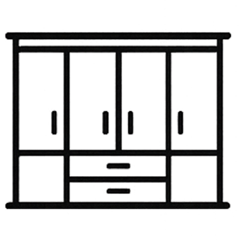 Black wardrobe with four doors and two drawers at the bottom.