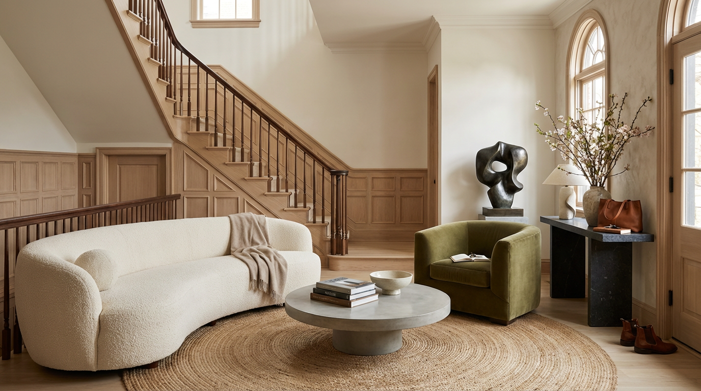 Living room with white curved sofa, green armchair, round coffee table with books, black abstract sculpture, large vase with flowering branches, side table with lamp and handbag, and pair of brown shoes, near staircase with wooden railing.