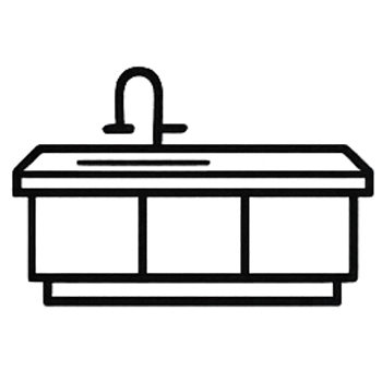 Kitchen sink with faucet and cabinet beneath, depicted in a simple, minimalist style.