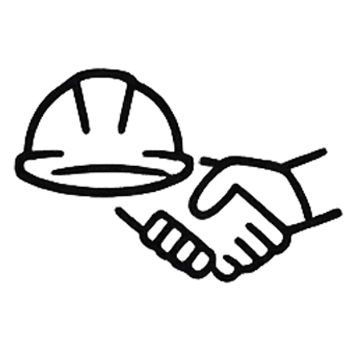 Line drawing of a handshake, a plate with food, and a fork and knife.