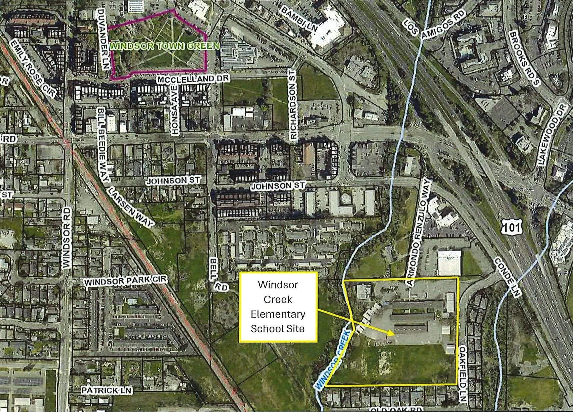 Map showing Windsor Town Green, Windsor Creek Elementary School Site, and surrounding streets including Windsor Park Cir, Windsor Ln, McClelland Dr, and Johnson St, with a blue line indicating a creek.