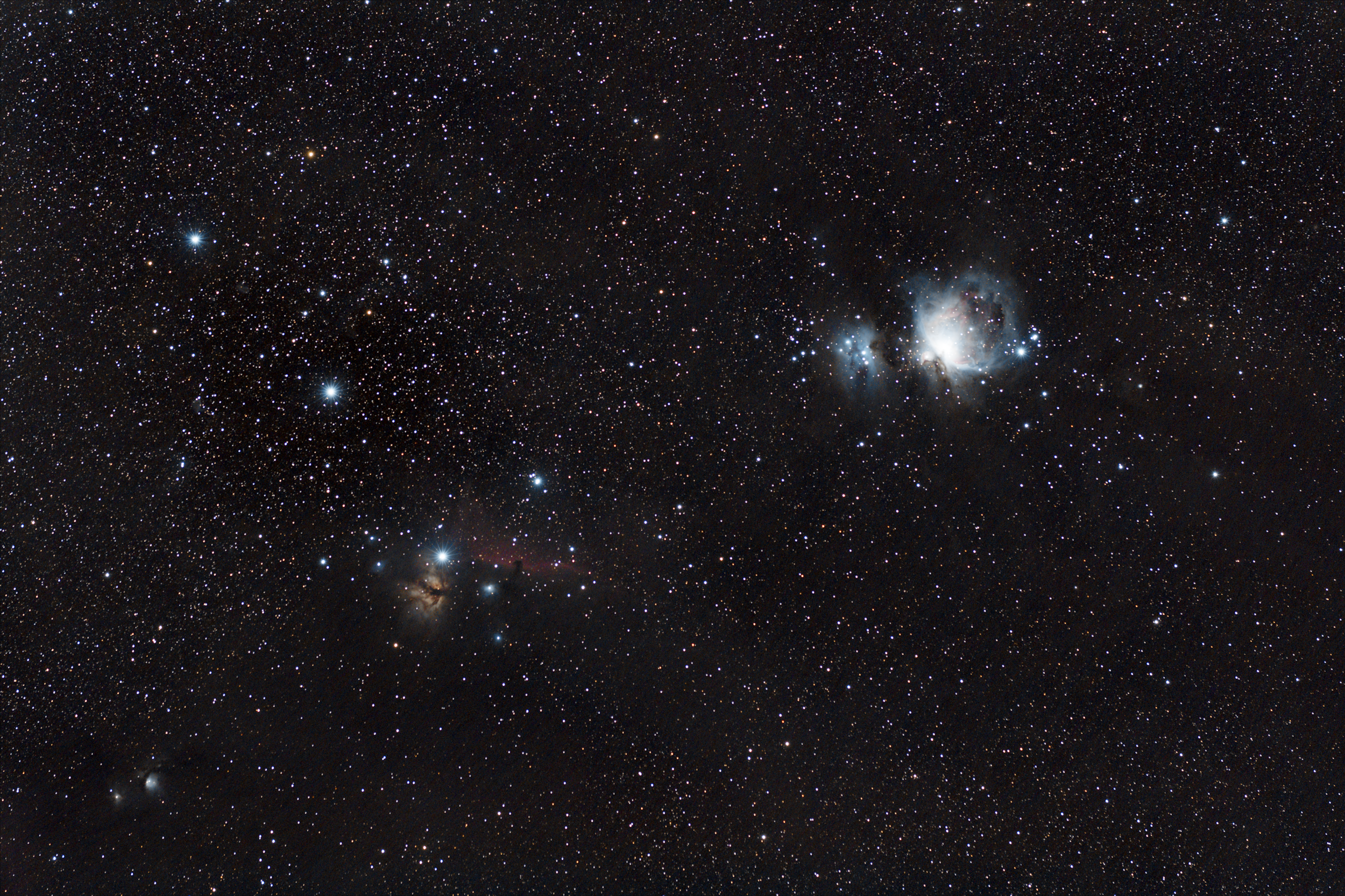 Orion, Horsehead, and Flame Nebula
Canon T7 + Rokinon 135mm
284 Light Frames @ 20 Sec. F2.8 ISO 800 + 30 Calibration
StarAdventurer 2i

10.17.2025