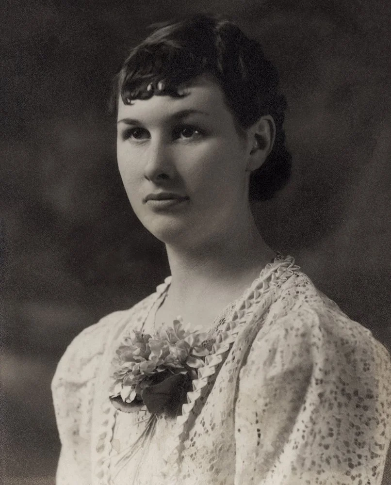 The Last Soul Survivor cover image. A black and white portrait of a young Grandma Emma with short, dark hair and a serious expression, wearing a lace top and a floral corsage.