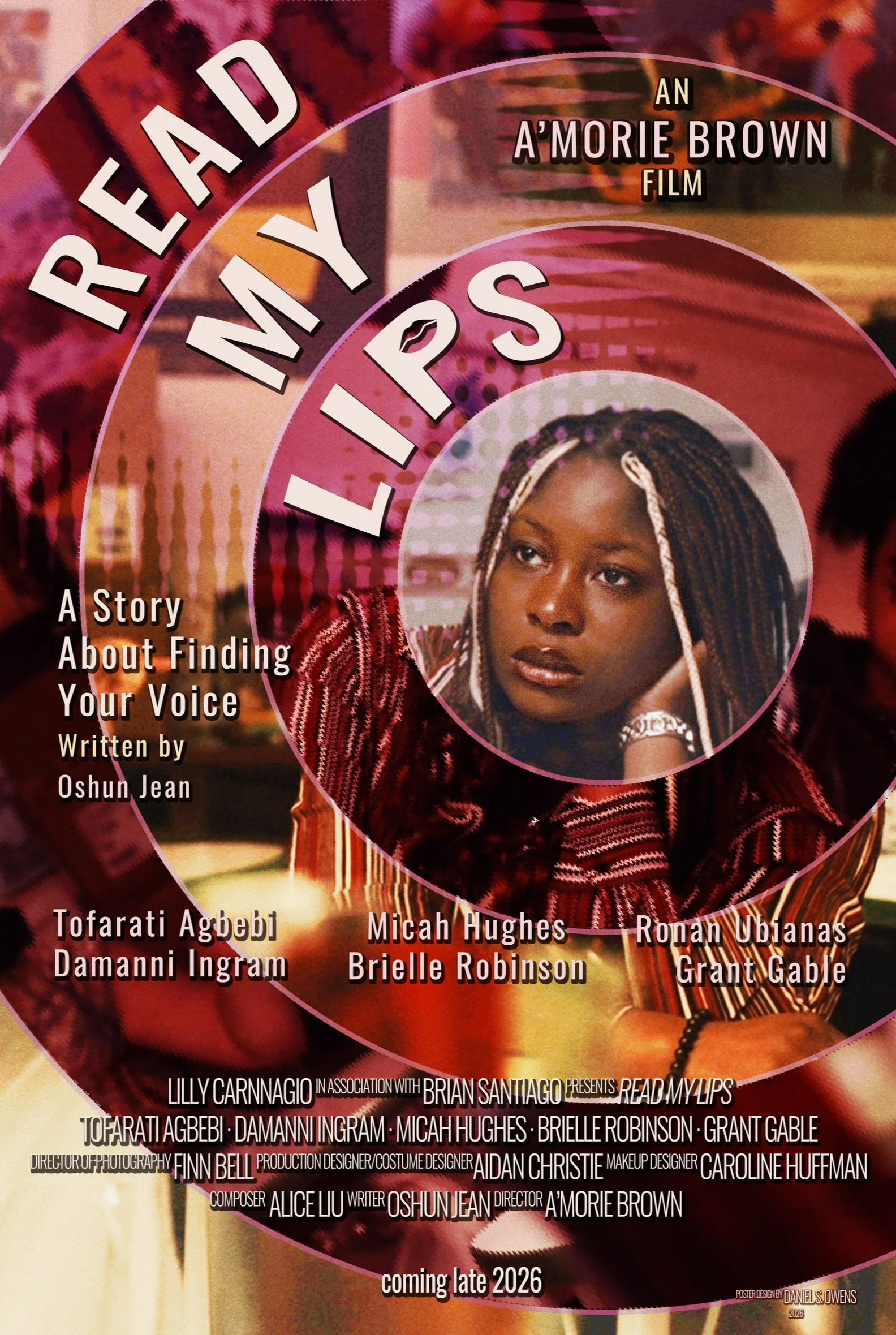Promotional poster for a film titled 'Read My Lips,' featuring a woman with long braids looking contemplative. The poster includes the names of the cast and crew, and indicates the film is coming late 2026.