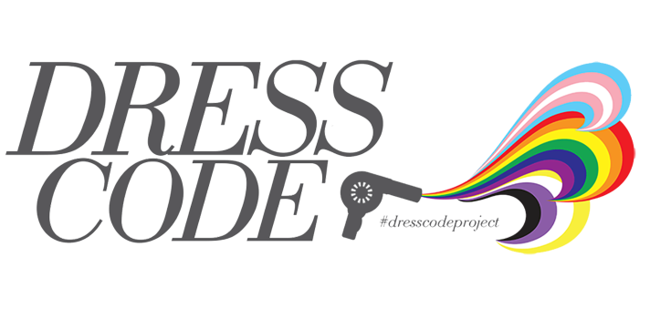 Logo for 'Dress Code Project' featuring the words 'DRESS CODE' with a paintbrush releasing multicolored paint resembling a rainbow.
