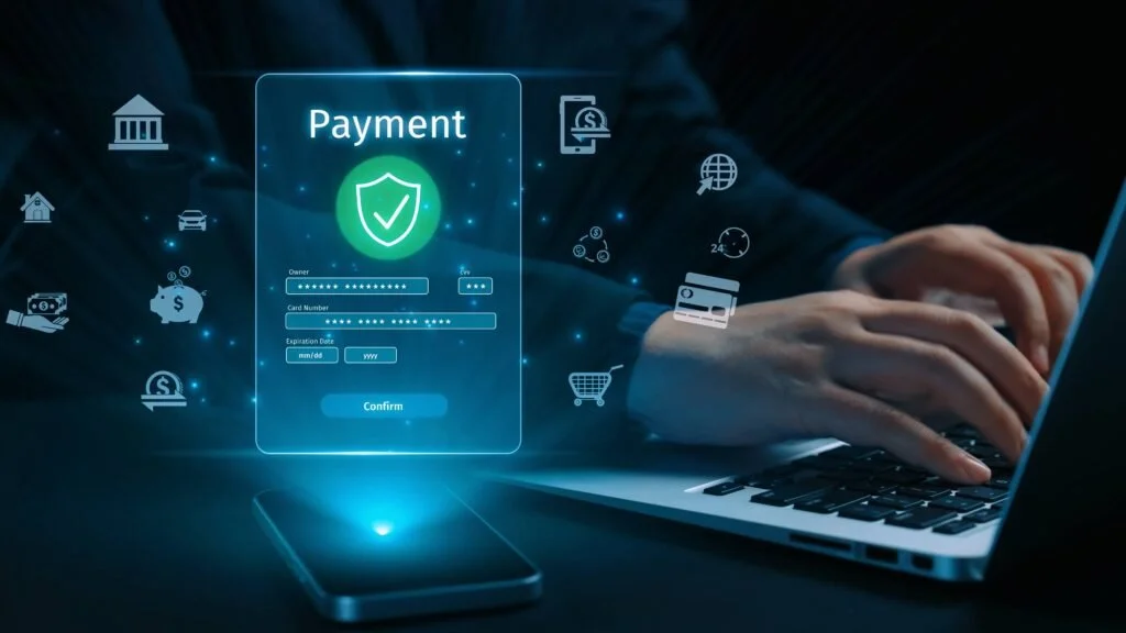 Close-up of person typing on a laptop with a digital payment confirmation screen overlay, surrounded by icons of banking, shopping, and financial services.
