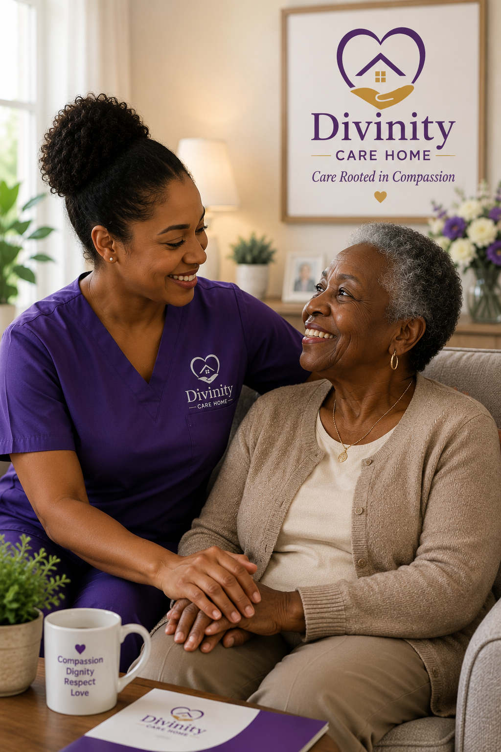 A caregiver in purple scrubs smiling at an elderly woman seated on a couch, holding her hand, in a care home setting with a logo and flowers in the background.