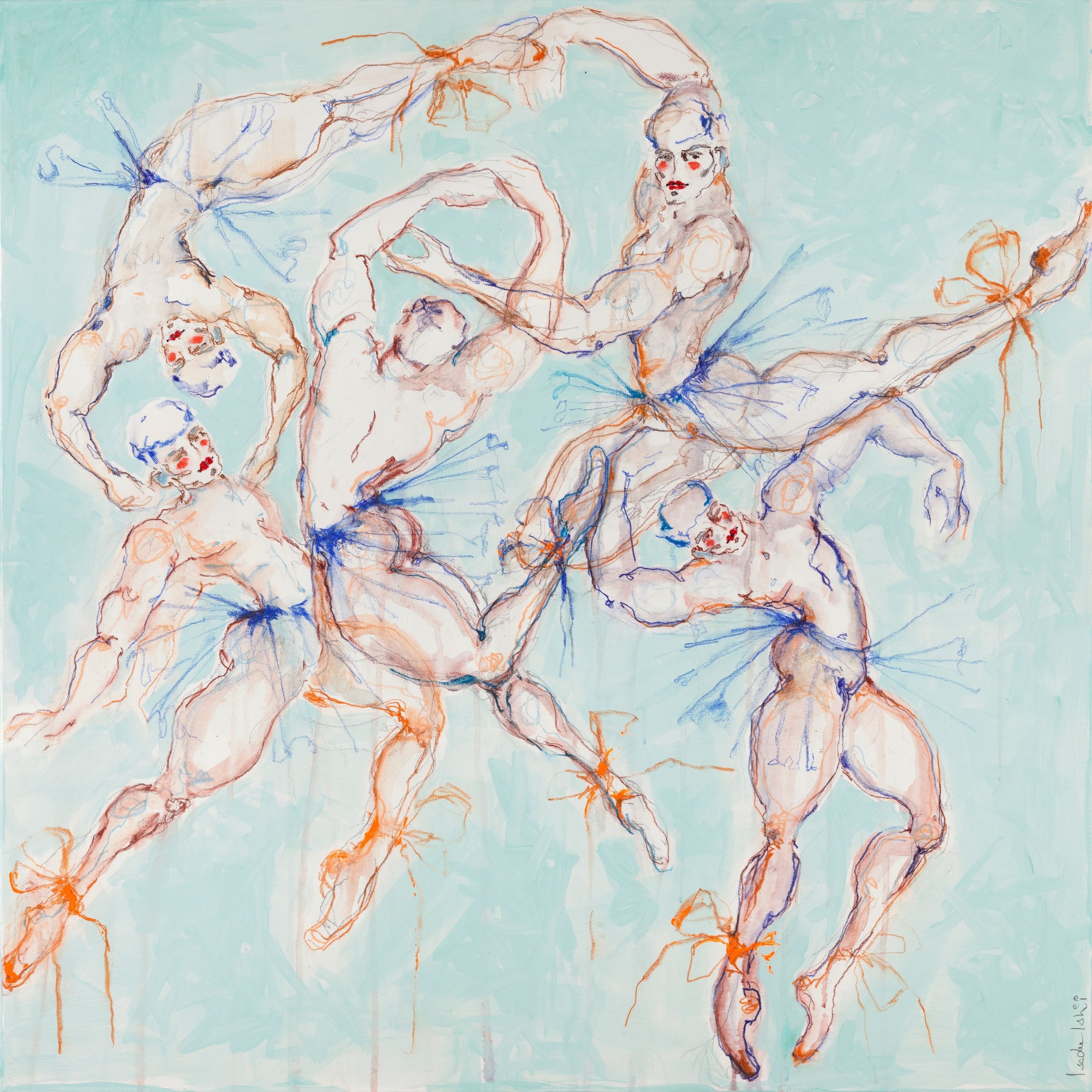 A colorful abstract sketch of multiple intertwined human figures in various poses with a light blue background.