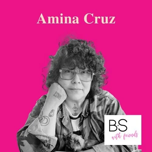 Cover of a book featuring a woman with curly hair and glasses, wearing a camouflage jacket and resting her chin on her hand, with a pink background. Text on the cover reads "Amina Cruz" and "B&S with friends."