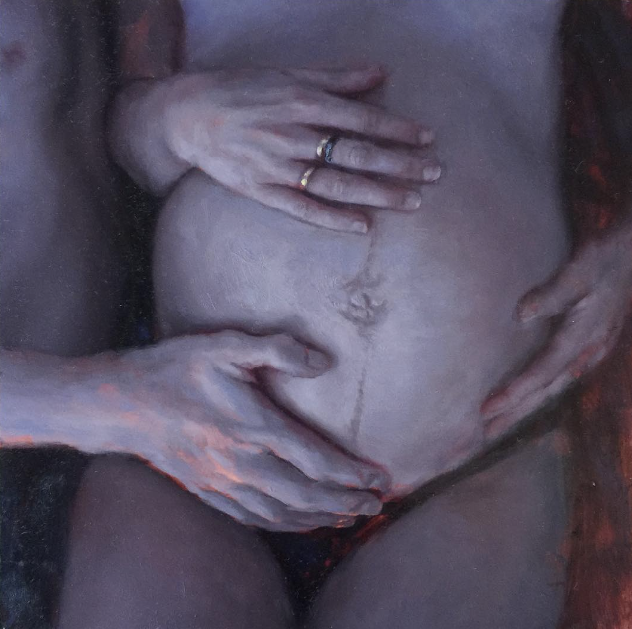 The painting Couple by Michelle Doll shows a close-up of a person’s bare pregnant abdomen, with hands forming a heart shape on the stomach.