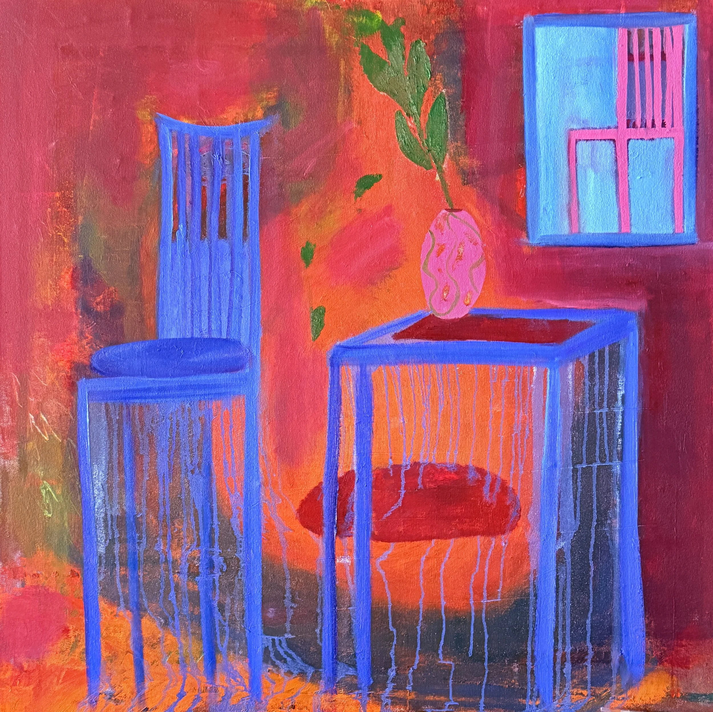 Colorful painting of a red background with two blue chairs, a pink vase with green leaves, and orange accents.