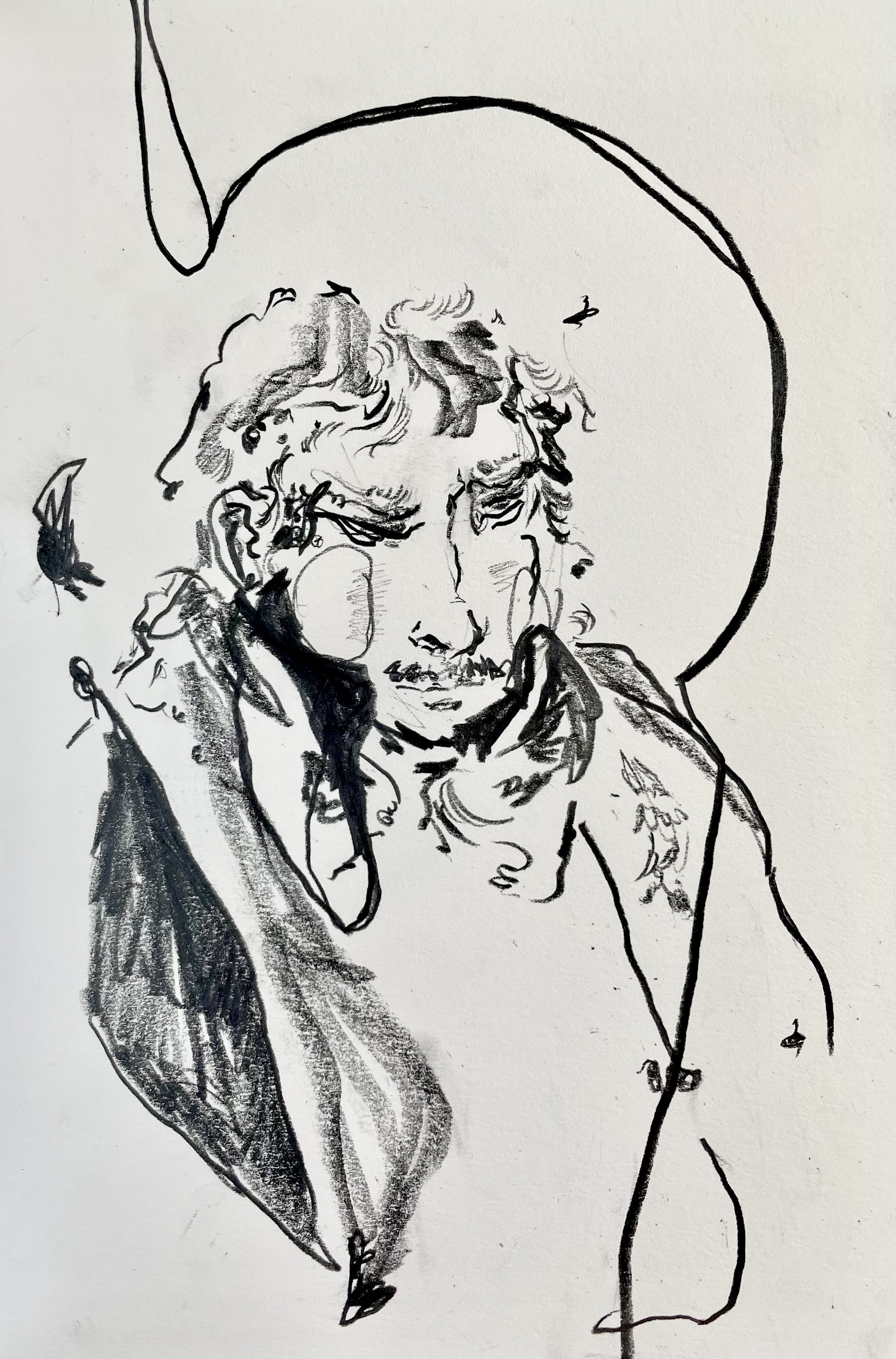 Black and white sketch of a woman with curly hair, wearing a flowing dress, standing next to a large speech bubble.