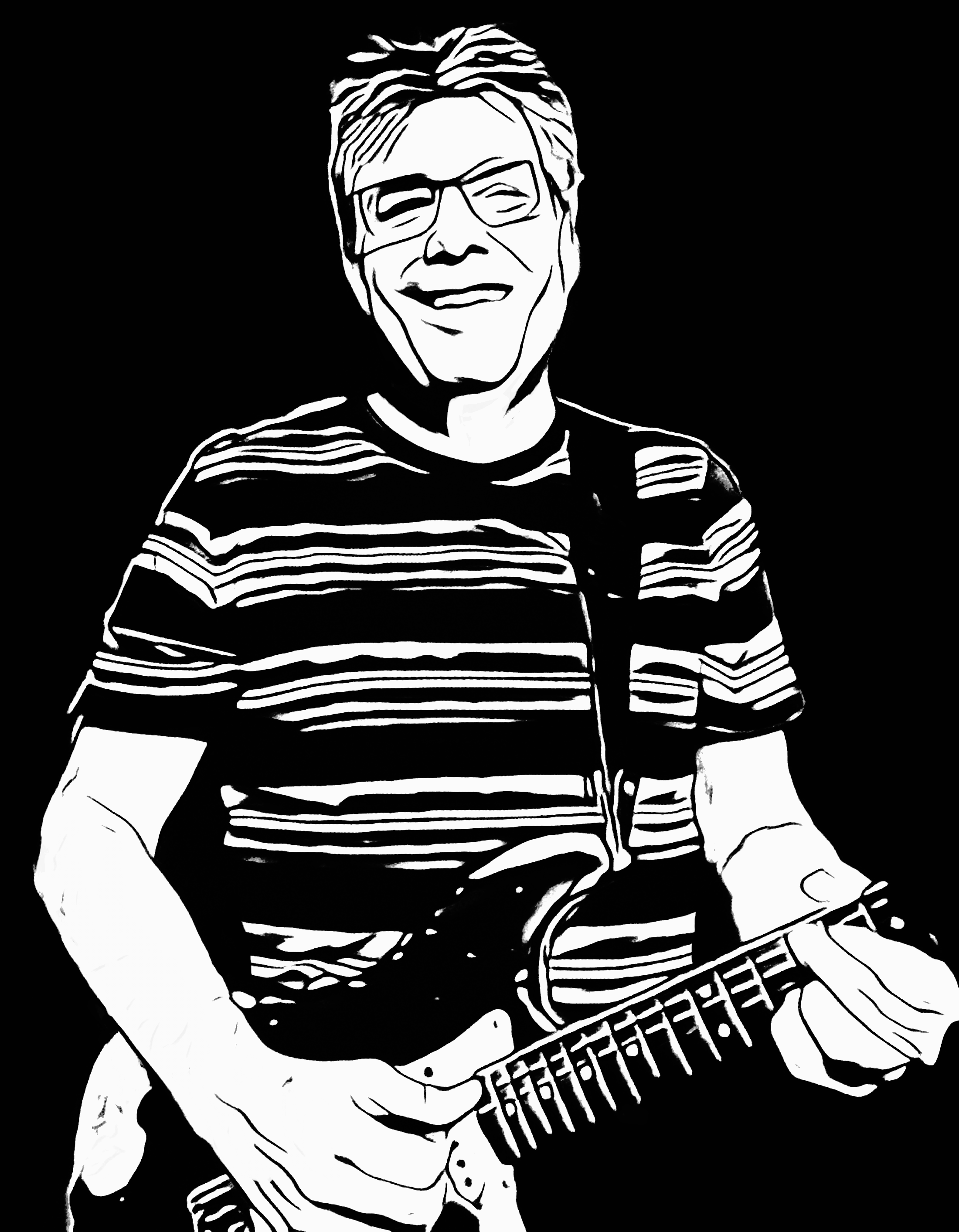 Black and white digital drawing of a smiling man with glasses playing an electric guitar, wearing a striped shirt.