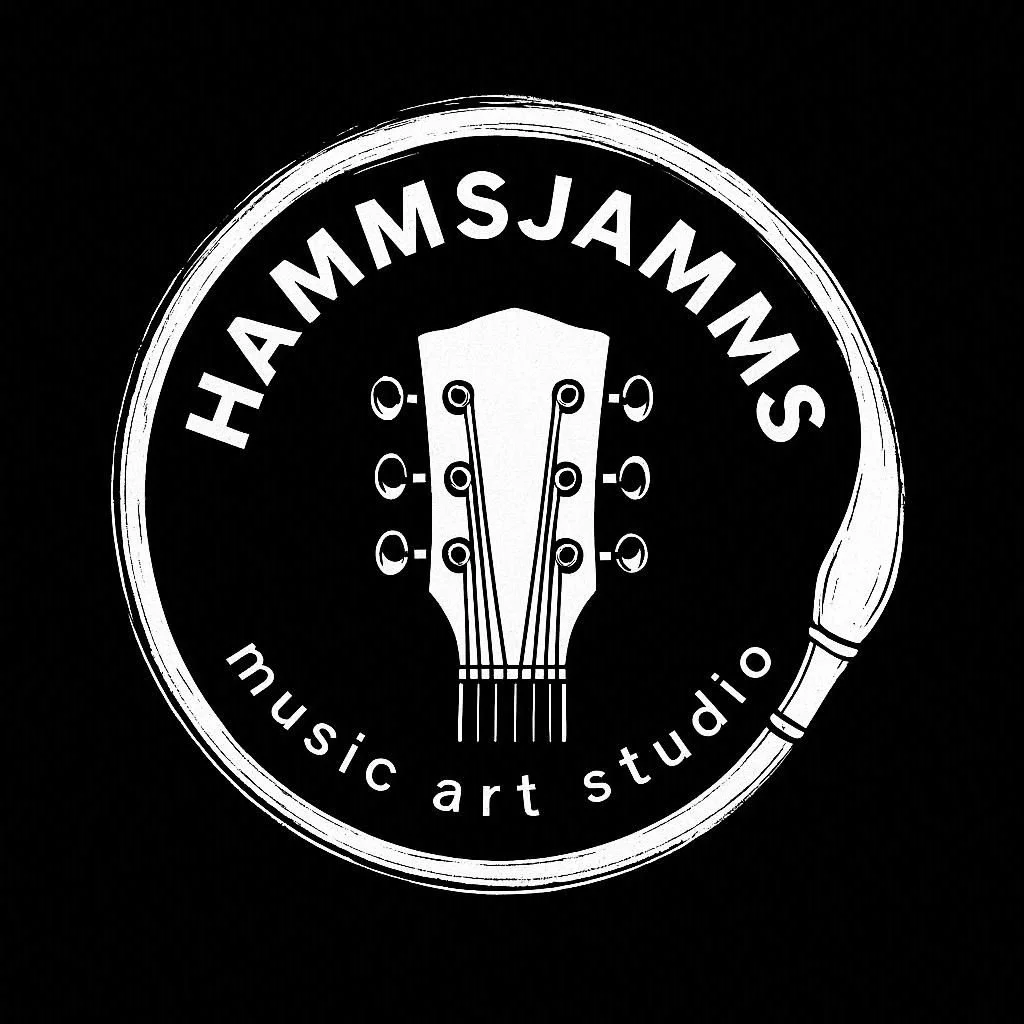Black and white logo featuring a guitar headstock inside a circular border. The text around the border reads 'HAMMSJAMMS music art studio'.