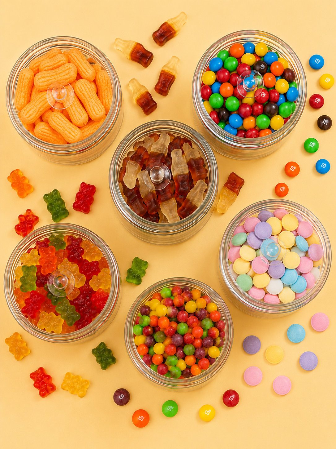 Colorful candy jars with various types of gummy and chocolate candies on a yellow surface.