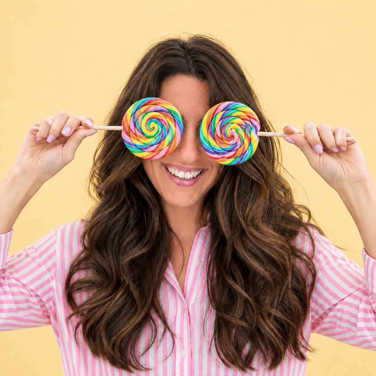 A woman with long, wavy brown hair smiling and holding large multicolored swirl lollipops in front of her eyes, against a yellow background, wearing a pink and white striped shirt.
