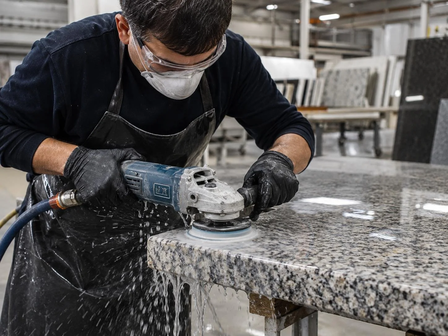 A stone fabricator wearing safety goggles, a face mask, black gloves, and an apron polishes a granite countertop with a handheld polishing machine in a workshop.