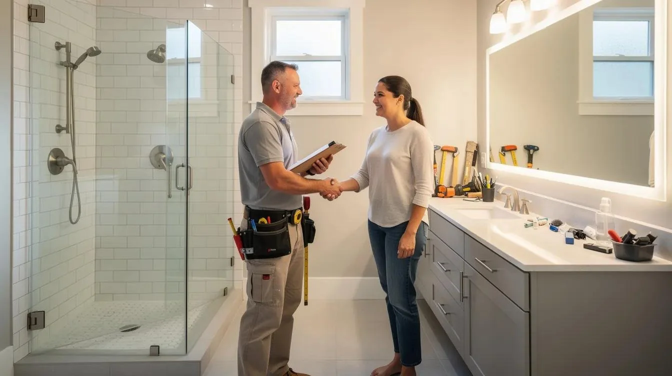 A tile installer meeting with a client in a bathroom, while holding a clipboard as part of final punch list sign off at project completion.