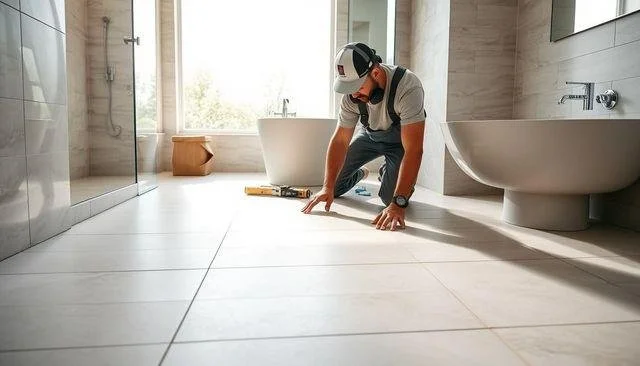 A tile setter installing large format tiles on a bathroom floor.