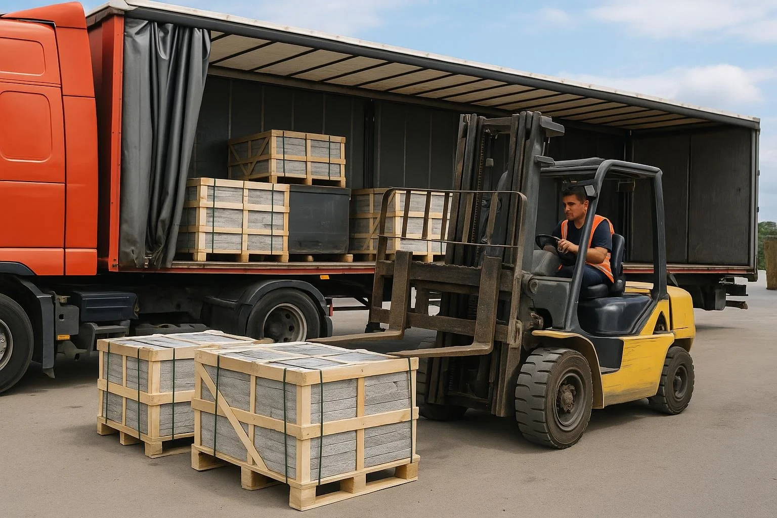 A warehouse worker operating a yellow forklift to receive a shipment of stone tiles from a truck and unload them into JB Tile & Stone's warehouse.