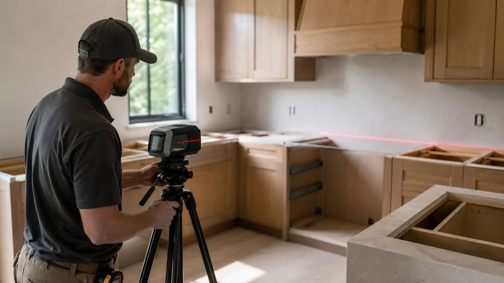 A JB Tile & Stone employee using a laser to template an unfinished kitchen in preparation to cut, fabricate and install the kitchen countertops.