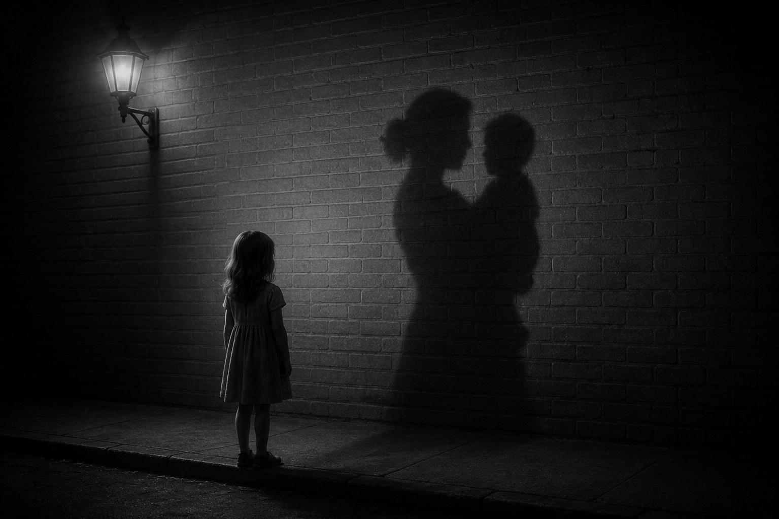 A young girl standing on a sidewalk at night, looking at her shadow cast on a brick wall where it appears as two adults. A street lamp illuminates the scene.