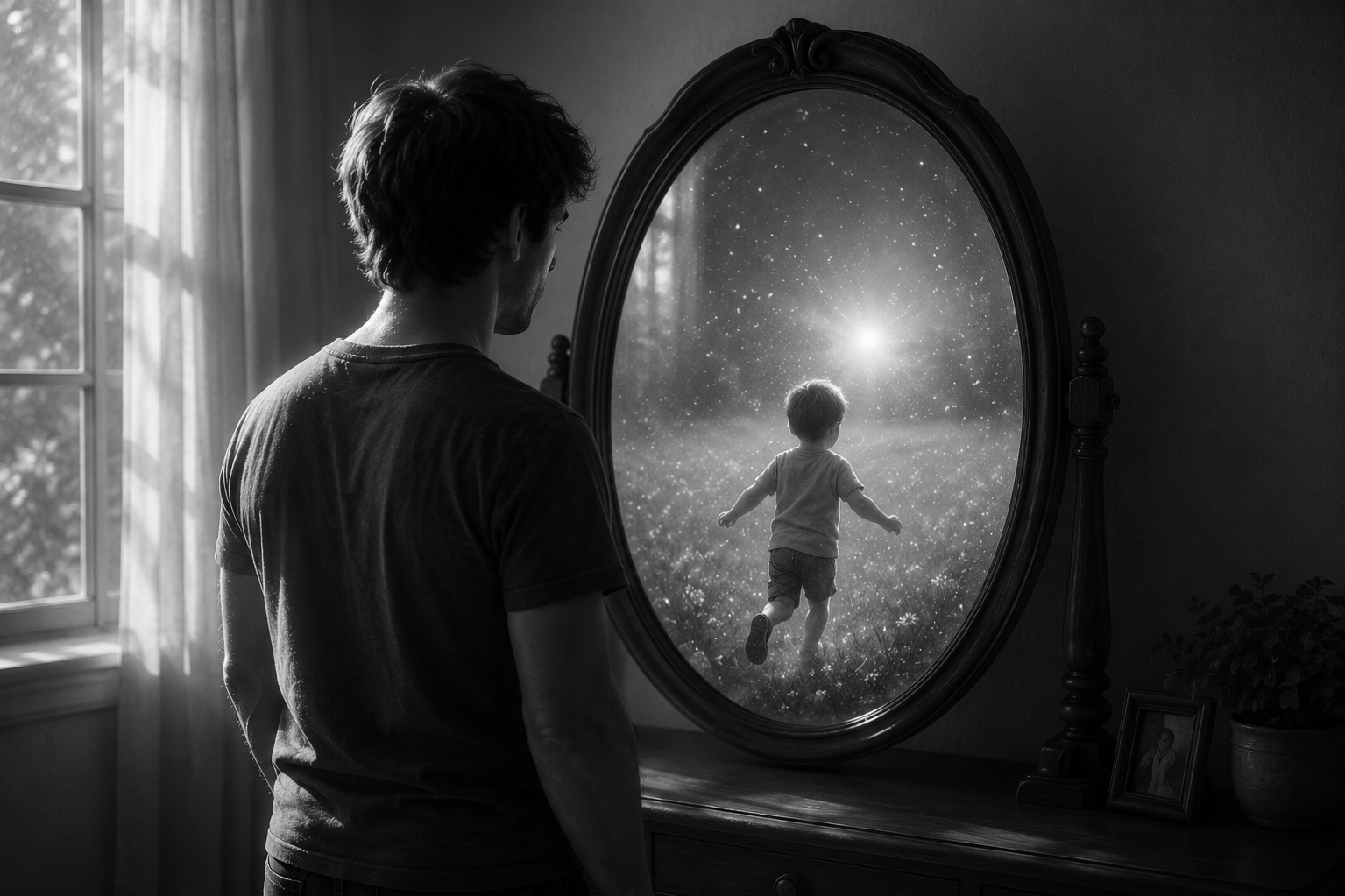 A man looking into a mirror that reflects a boy running through a starry night sky.