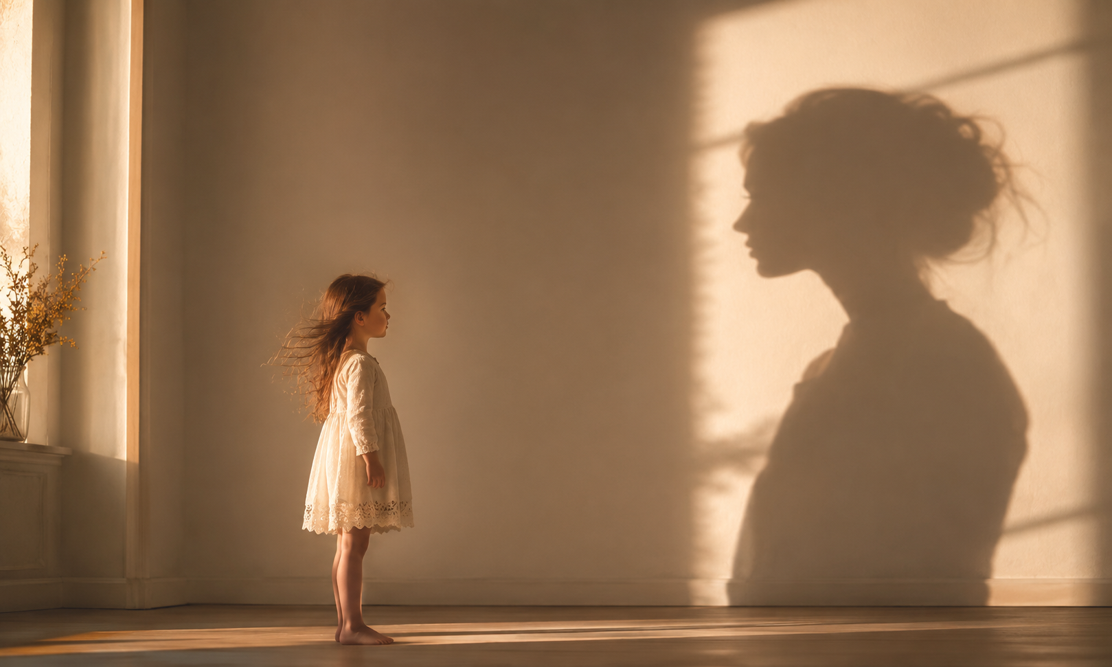 A young girl in a white dress stands barefoot in a room, facing her large shadow cast on the wall by sunlight coming through a window, creating a silhouette of a woman with tousled hair.