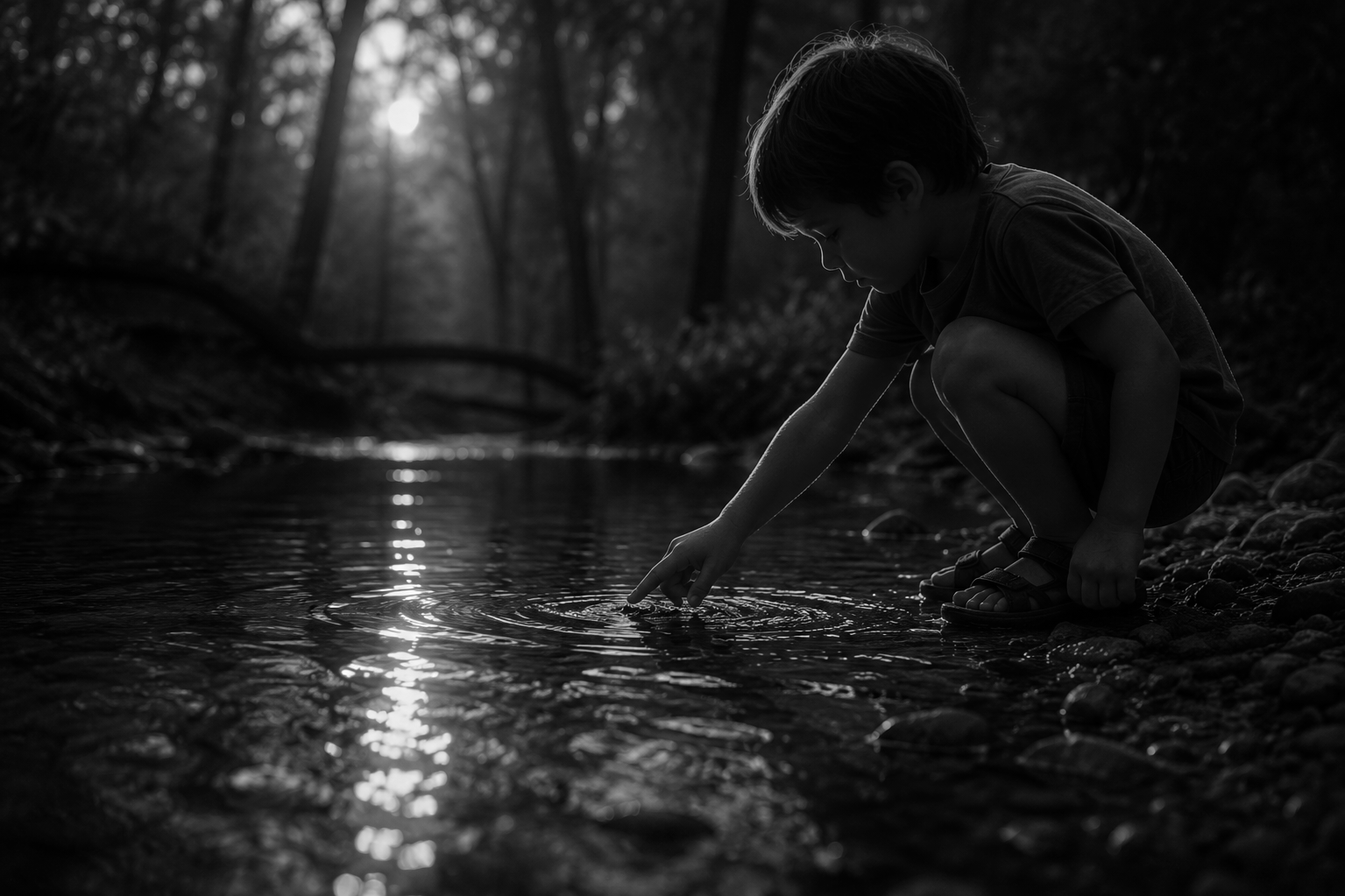 A young boy crouches by a creek, touching the water with his finger in a forest at sunset.