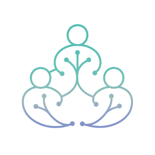 Illustration of three people sitting in a circle with a central figure standing and connecting with each person, representing teamwork or collaboration.
