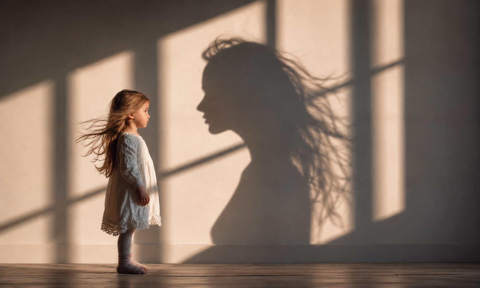 A young girl in a white dress standing indoors, facing a wall with sunlight creating a shadow of her profile and flowing hair.