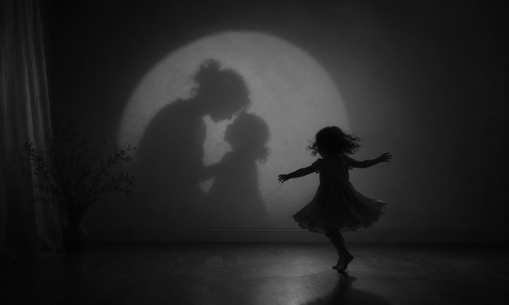 A girl dancing in front of a wall with her shadow cast behind her, creating a silhouette of a parent and child with a moon-like circle in the background, in black and white.