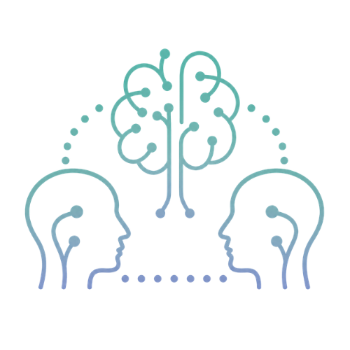 Graphic illustration of two human profiles facing each other with a brain icon above them, connected by lines.