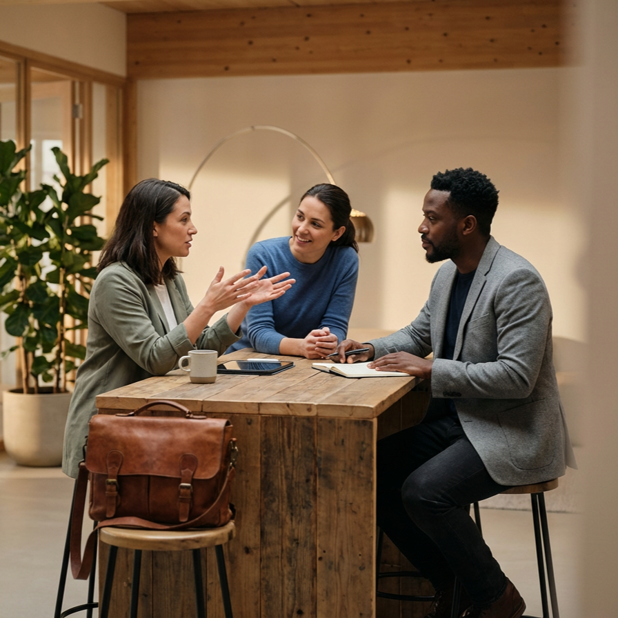Three people having a discussion around a wooden table in a cozy, modern room with wooden accents, green plants, and warm lighting.