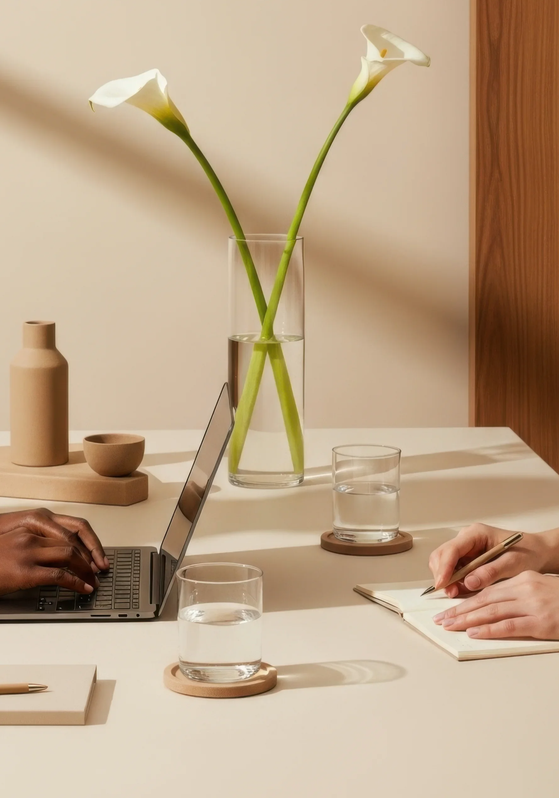 A minimalist workspace with a white table, decorative vases, a tall glass vase with white calla lilies, and two people, one using a laptop and the other writing in a notebook.