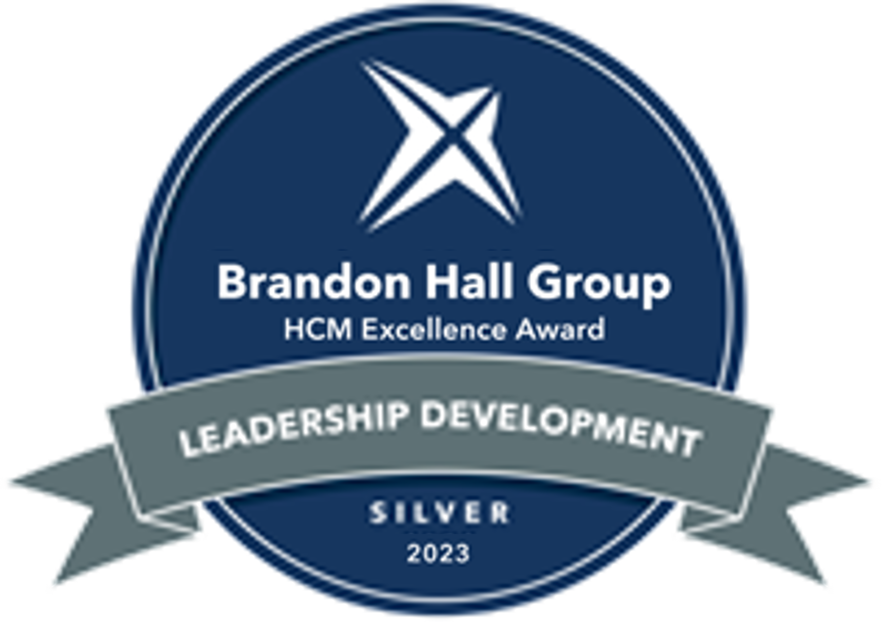 A circular badge with a star at the top, the text 'Brandon Hall Group HCM Excellence Award' in the center, and a ribbon below that says 'Leadership Development Silver 2023'.