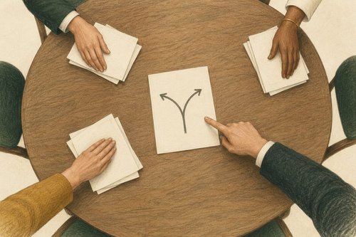 Hands arranging meeting notes around an unresolved decision