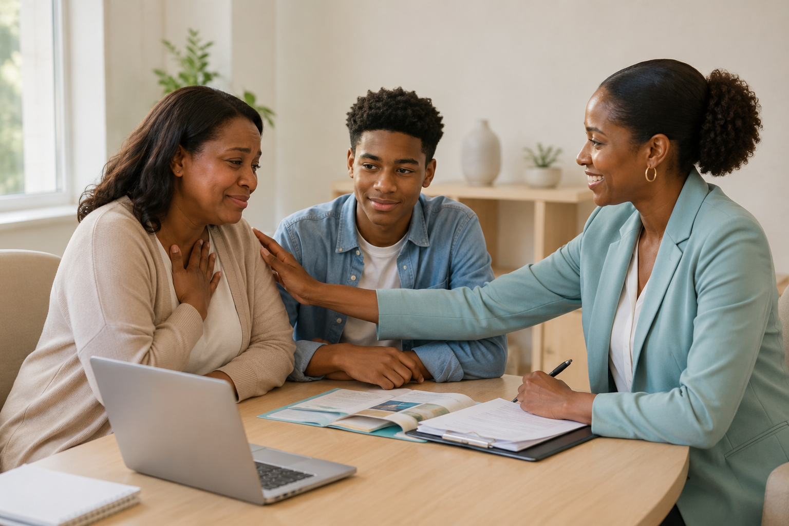 A woman comforting another woman with a hand on her shoulder, with a young man sitting between them in a therapy or counseling session.