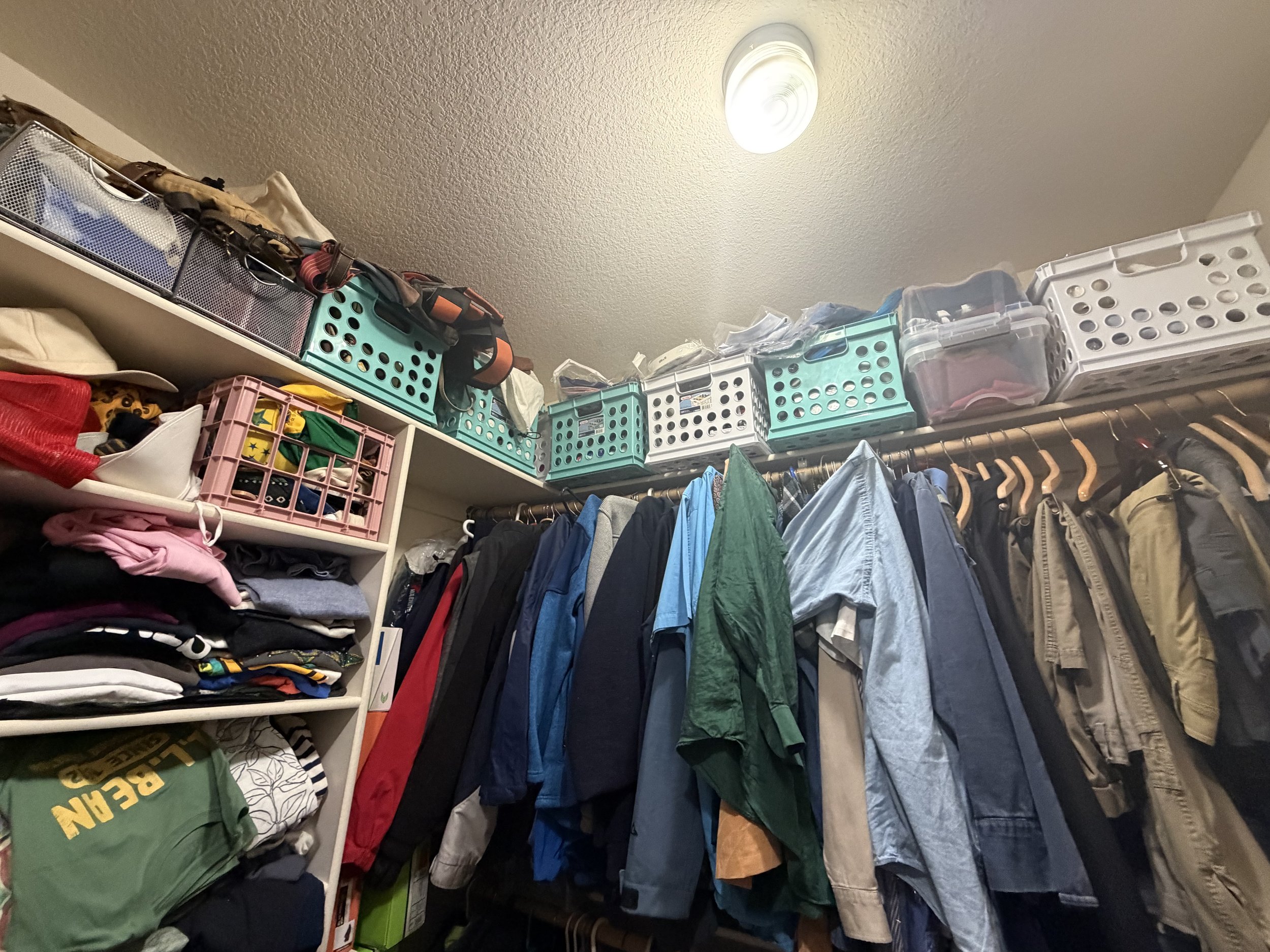 BEFORE…Using the upper shelves was smart but what was in each bin?!?