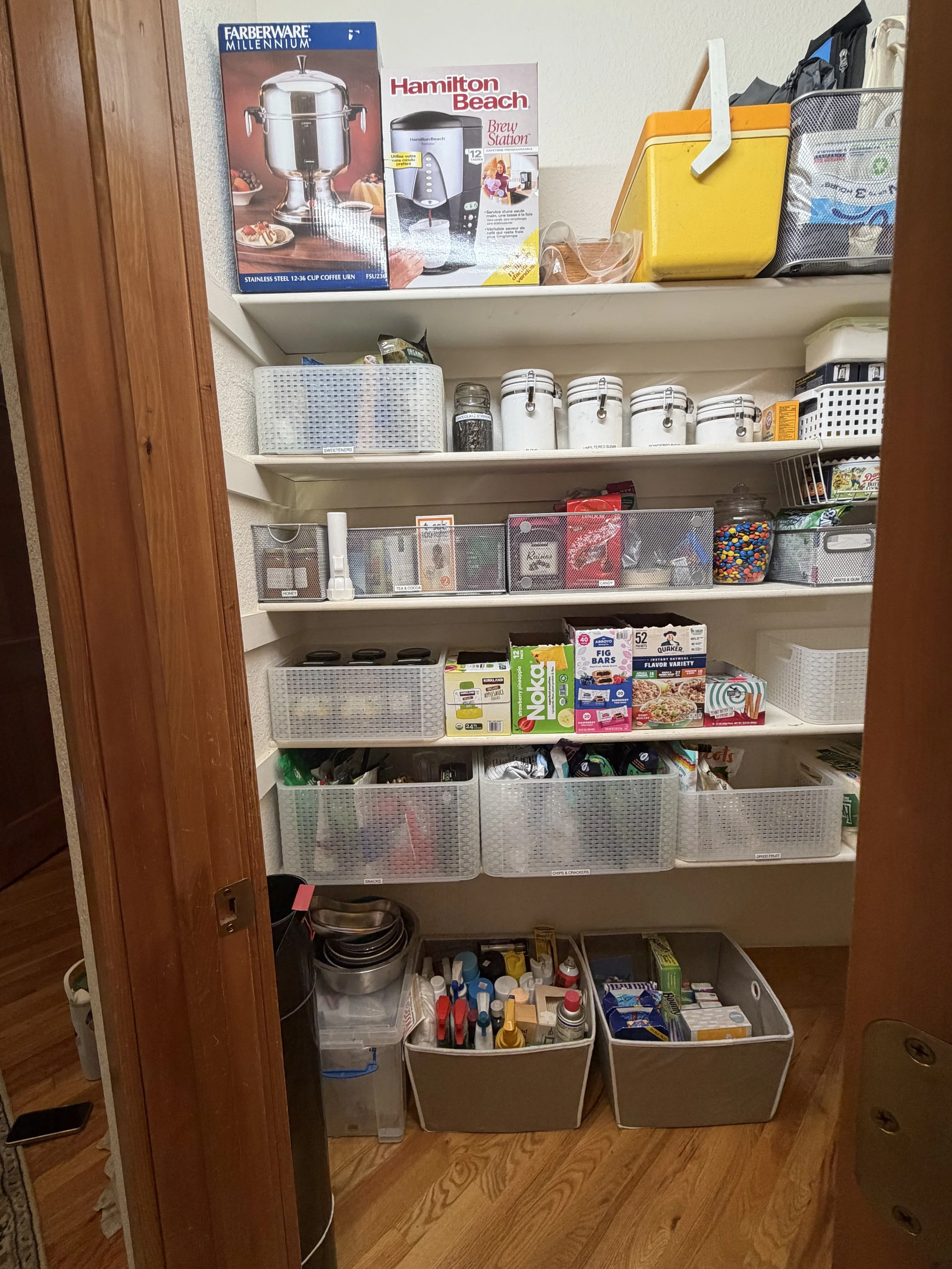 AFTER…Now that the expired goods have been purged (oldest? 2002! A homeshift winner!), there was room to organize each shelf and each bin while providing better access to the space.
